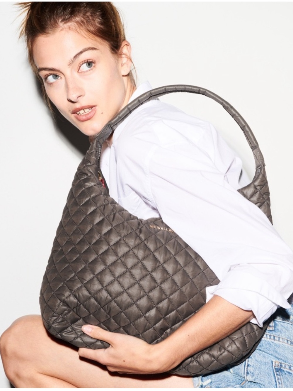 MZ Wallace Large Metro Quilted Hobo Shoulder Bag in Charcoal Gray